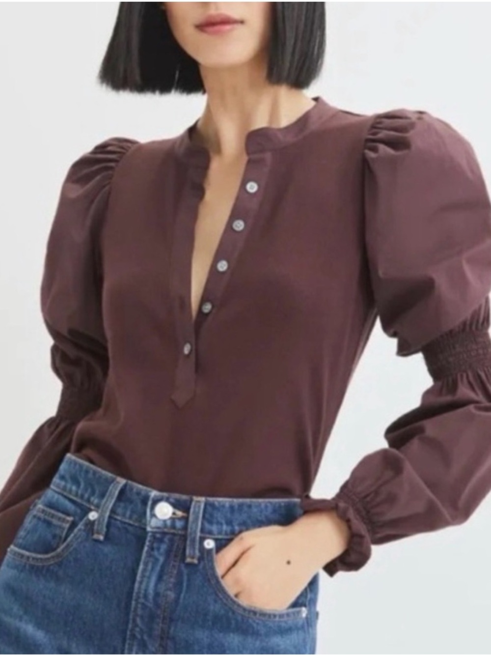 Veronica Beard Effy Brown Cotton Puff Sleeve Ribbed Henley